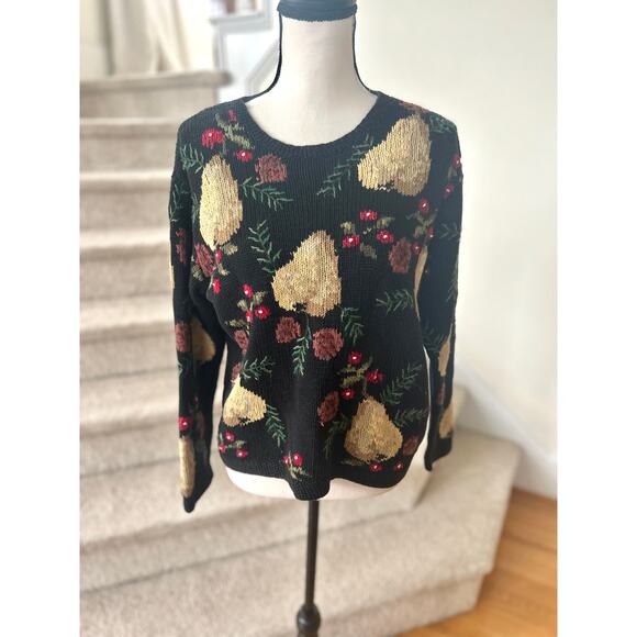 Talbots Vintage Winter Holiday Black Pear Pinecone Holly Knit Sweater - Picture 1 of 6